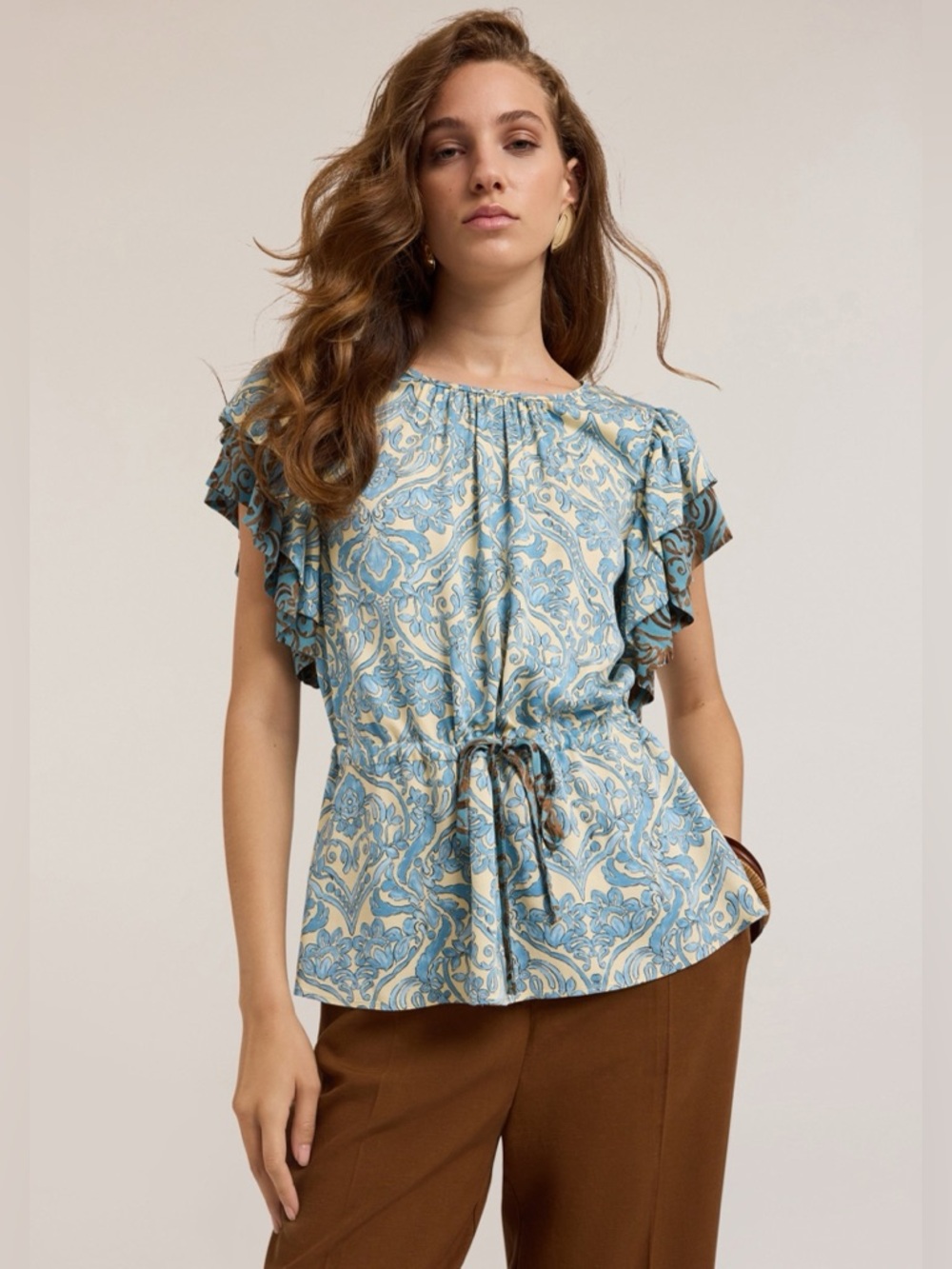 Motivi Ethnic Patterned Ruffle Blouse Size Large Tie Waist Floral Blue Cream